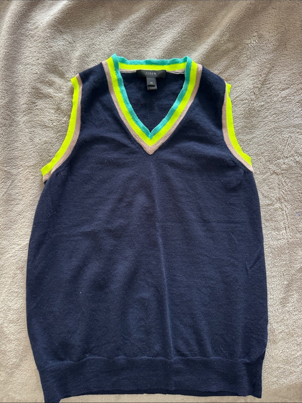 J. Crew Navy 100% Wool Sleeveless V-Neck Sweater Vest with Lime and Aqua Trim